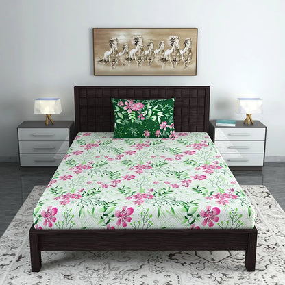 Divine Casa Bedsheet for Single Size Bed 144 TC Cotton Bedsheet for Single Size Bed with 1 Pillow Cover  Floral Colour Mint Pink