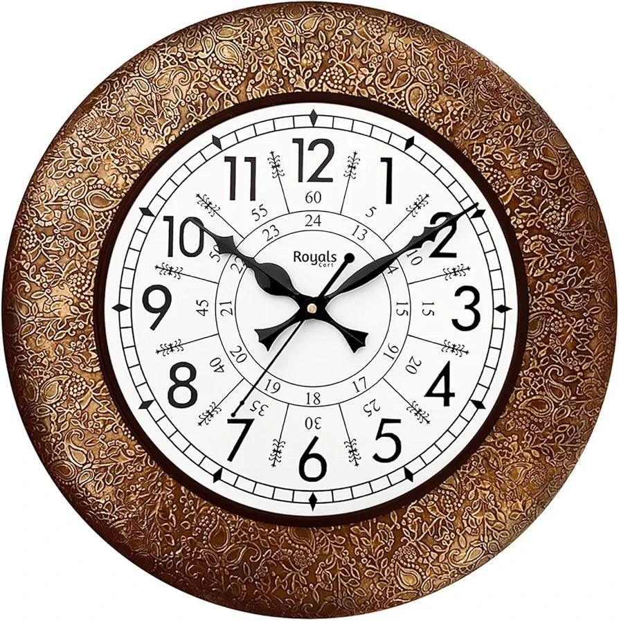 RoyalsCart Ethnic Handcrafted Designer Wall Clock with Decorative Metal Golden Antique Wooden Wall Clock [KTWC213N] Golden Decorative Metal