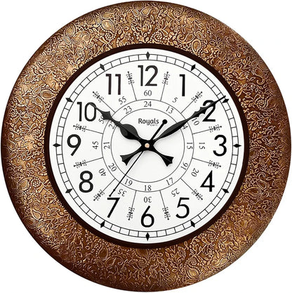 RoyalsCart Ethnic Handcrafted Designer Wall Clock with Decorative Metal Golden Antique Wooden Wall Clock [KTWC213N] Golden Decorative Metal