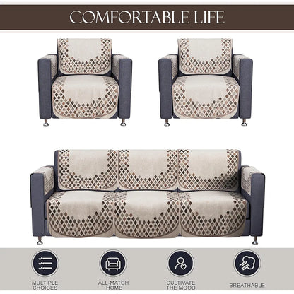 Kuber Industries Set of 16 Velvet Anti-Skid Sofa Cover 5-Seater with Arm Cover Dot Border Cream & Brown