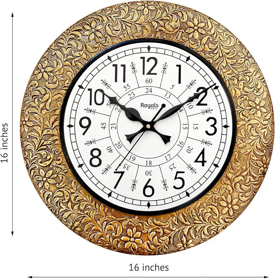 RoyalsCart Ethnic Handcrafted Decorative Wall Clock with Emboss Metal Golden Antique Wooden Wall Clock [KTWC255N] Golden Emboss Metal