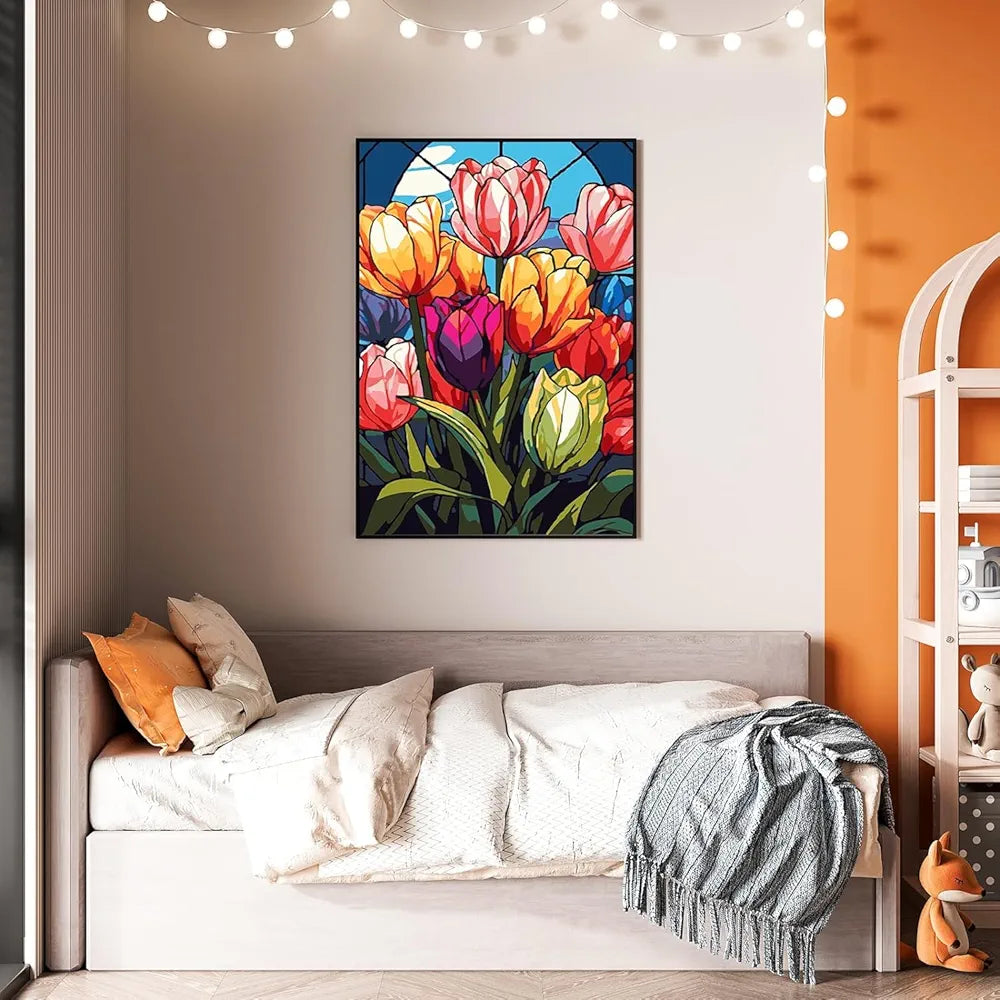 TREXEE Flower DIY Paint by Numbers Kit for Adults & Kids - Oil Paint by Numbers for Adults Beginner, Tulip Flowers Acrylic Paint by Numbers for Gift Home Wall Decor PNB 