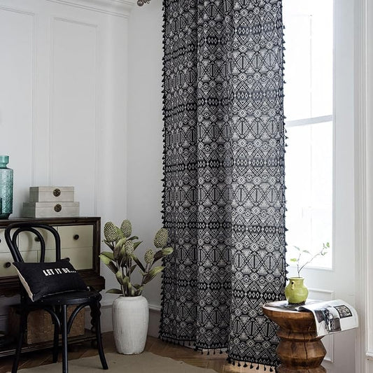 Huesland Cotton Curtains for Door, 7 Feet Long 1 Bohemian Eyelet Curtain | Geometric Black