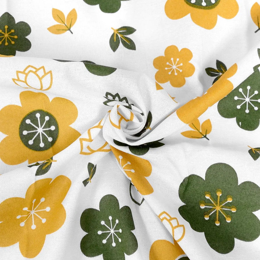 Divine Casa Double Size Bedsheet for Double Bed 144 TC Pure Cotton Queen Size with 2 Pillow Covers Floral Colour Mustard Green