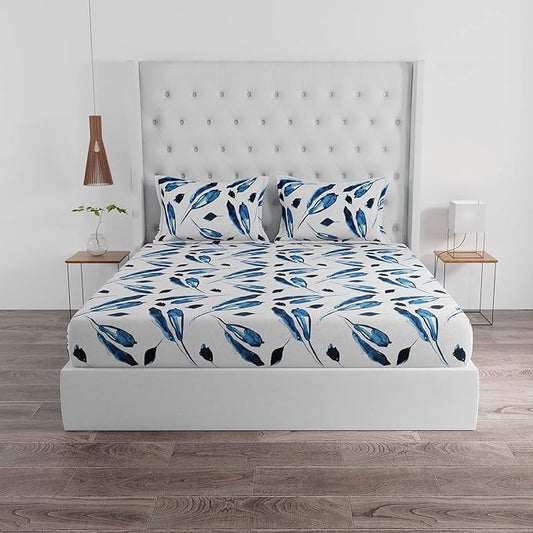 Huesland by Ahmedabad Cotton 144 TC Cotton King Size Bedsheet with 2 Pillow Covers - White & Blue