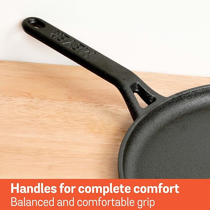 Meyer Pre-Seasoned Cast Iron Flat Dosa Tawa Pan with Stick Handle 24cm Black