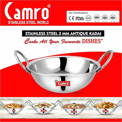 Camro Triply Round Bottom Kadhai 13 No 2.5 Liters Stainless Steel Lid for Curry StirFry