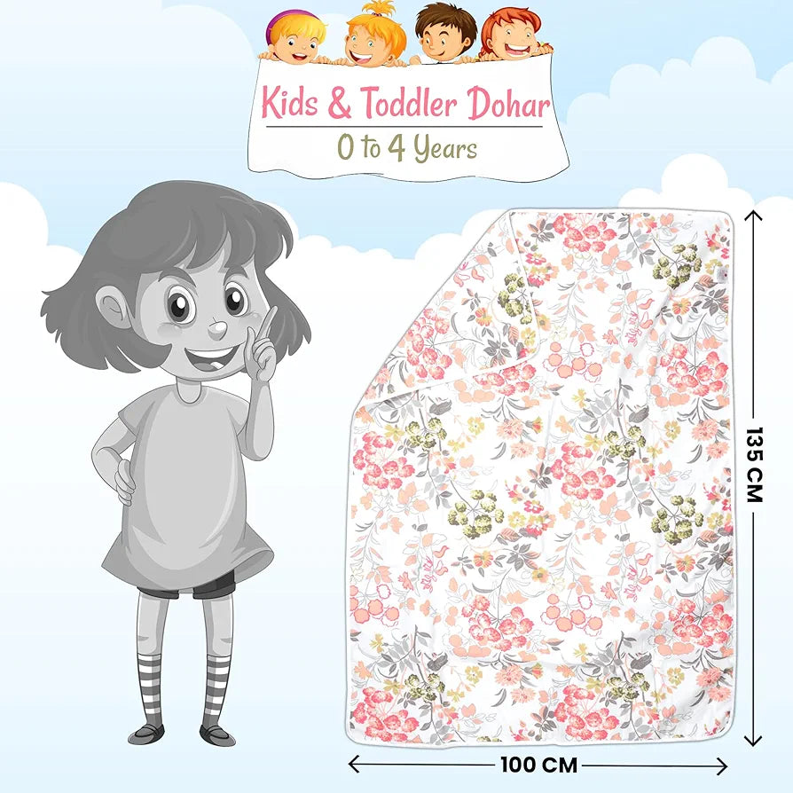 Divine Casa Floret 100% Cotton Single Kids Dohar 120 GSM Soft & Lightweight Throw Blanket Colour Floral Blush