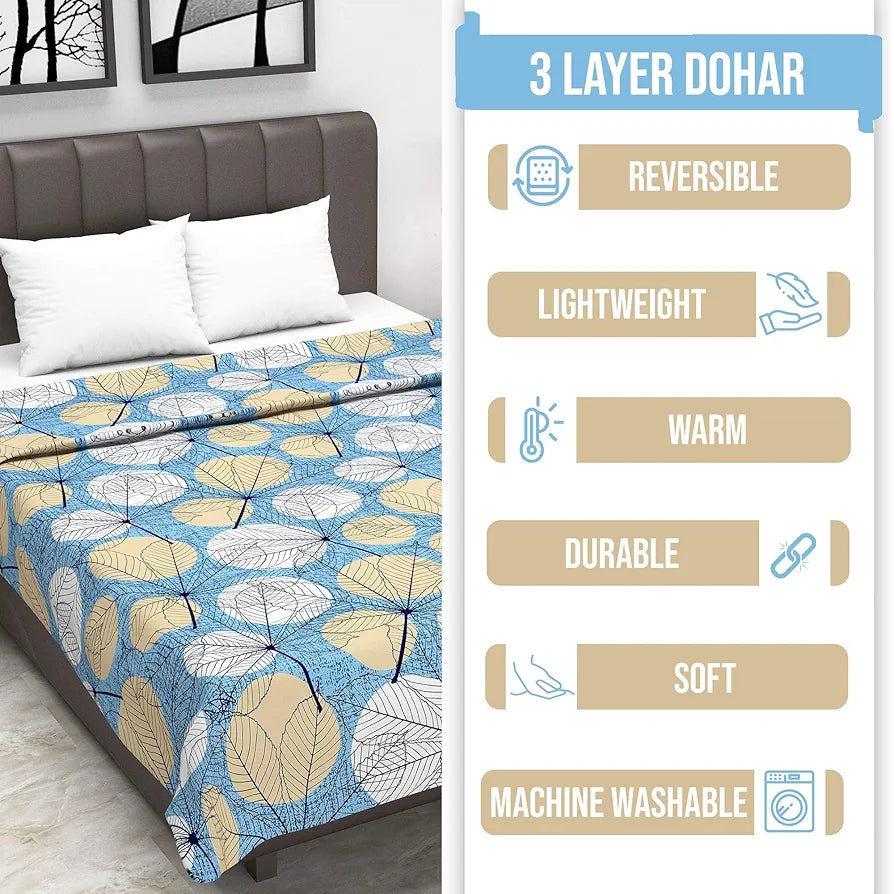 Divine Casa Glace Cotton 120 GSM Super Soft Cloudy Reversible Lightweight Printed Double Bed AC Dohar Blanket TC - 120 Colour Blue and Beige