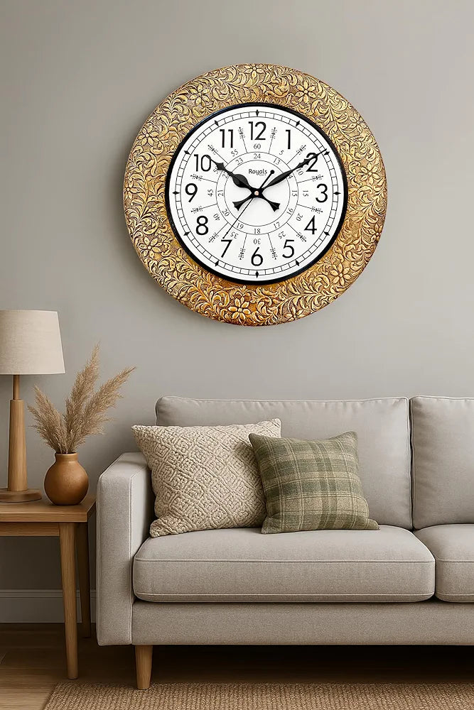 RoyalsCart Ethnic Handcrafted Decorative Wall Clock with Emboss Metal Golden Antique Wooden Wall Clock [KTWC255N] Golden Emboss Metal