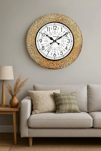 RoyalsCart Ethnic Handcrafted Decorative Wall Clock with Emboss Metal Golden Antique Wooden Wall Clock [KTWC255N] Golden Emboss Metal