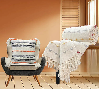 Sajavat Home Hand Knitted Pure Cotton 3 Seater Sofa Throw & Cushion Cover Beige Multi