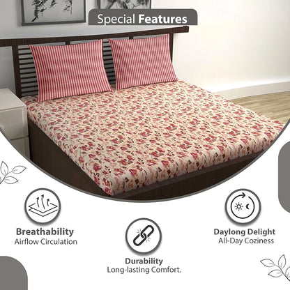 Divine Casa 144 TC 100% Pure Cotton Double Bed Bedsheet with 2 Pillow Covers Rose Blossom Colour Crimson Gold
