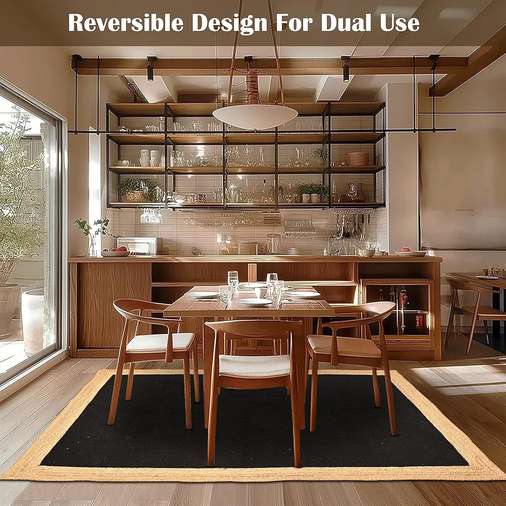 Kuber Industries 5x7 Feet Reversible Carpets for Living Room Machine Washable Border Black & Beige