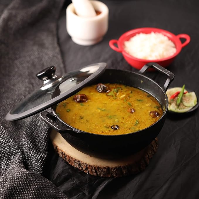 Vinod Legacy Pre Seasoned Cast Iron Kadai with Glass Lid - 4.3 Litre, 26 cm | Naturally Non Stick | Iron kadai for Cooking, deep Frying