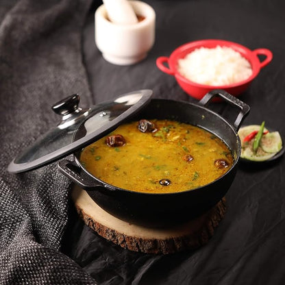 Vinod Legacy Pre Seasoned Cast Iron Kadai with Glass Lid - 4.3 Litre, 26 cm | Naturally Non Stick | Iron kadai for Cooking, deep Frying