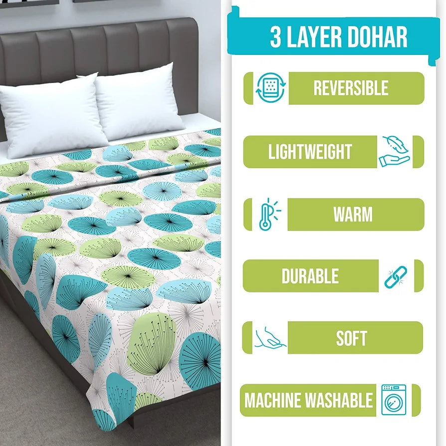 Divine Casa Floret 100% Cotton Double Dohar 120 GSM Soft & Lightweight Throw Blanket Colour Aqua