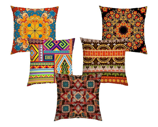 Aerohaven Jute 150 TC Vibrant Geometric & Mandala Printed Pillow Covers Set of 5
