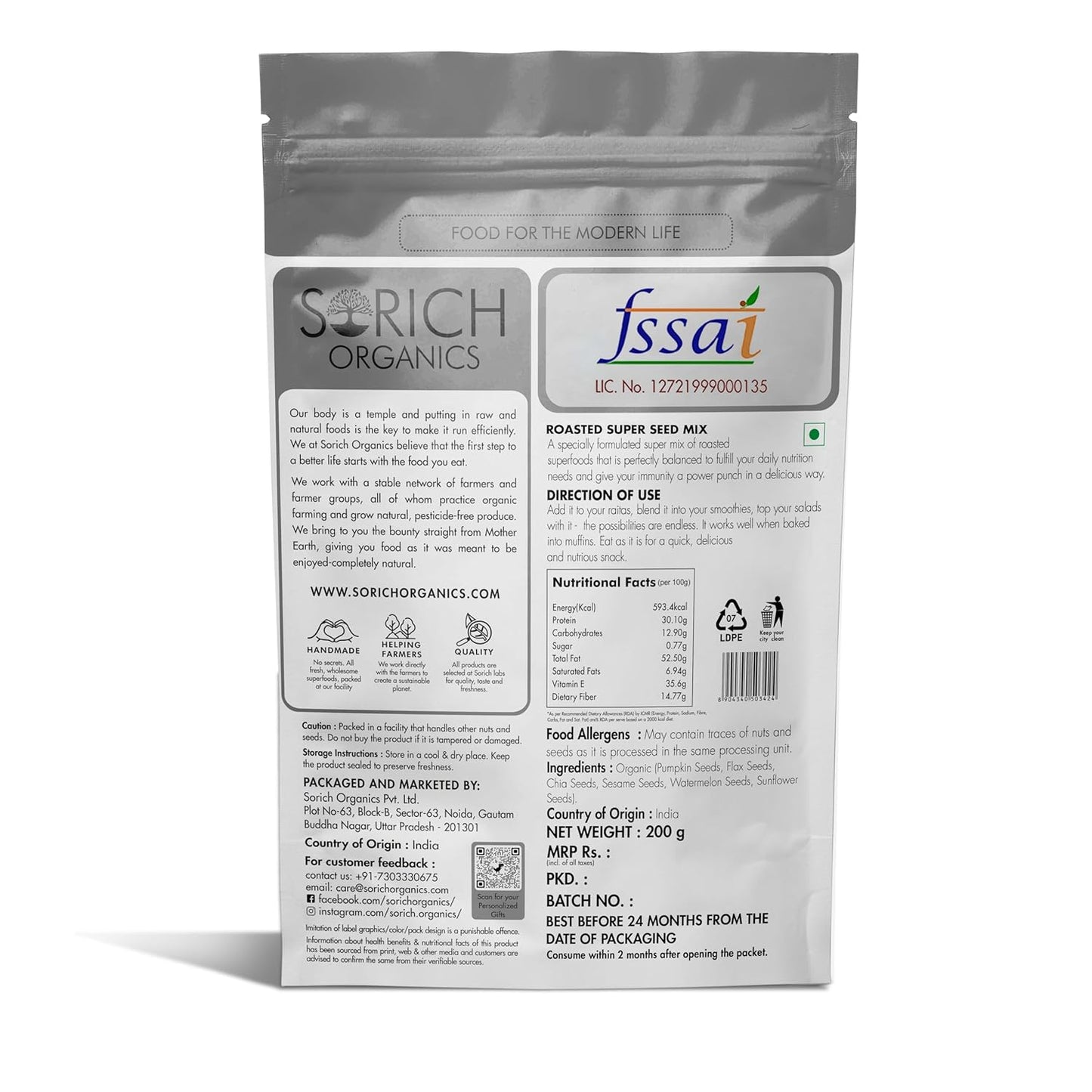 Sorich Organics Roasted Super Seed Mix for Eating - 200 gms