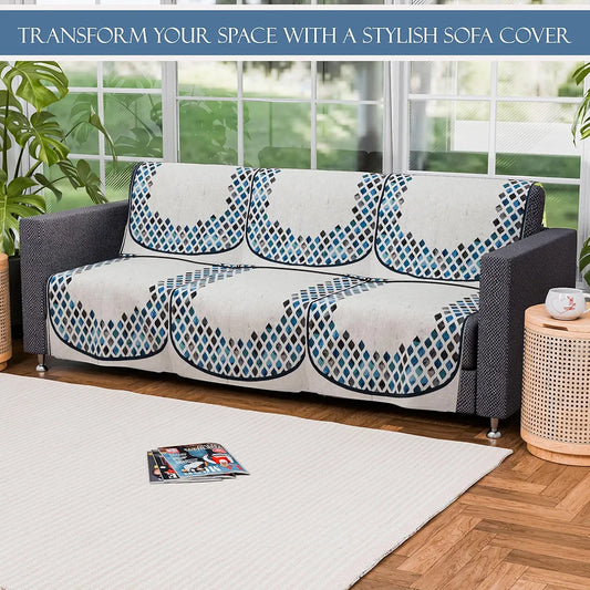 Kuber Industries Set of 6 Velvet 3 Seater Sofa Covers for Living Room Dot Border Grey & Blue