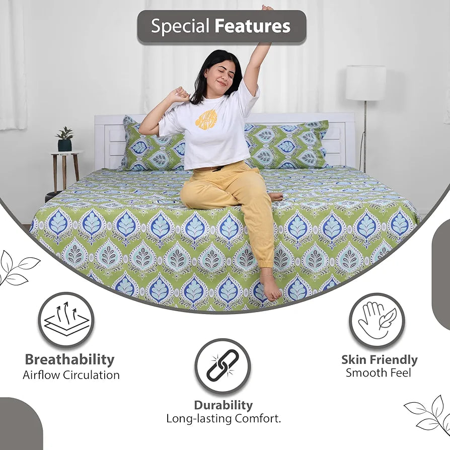 Divine Casa Bedsheet for Single Size Bed 144 TC Cotton Bedsheet for Single Size Bed with 1 Pillow Cover  Floral Colour Palm Green