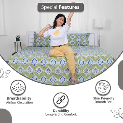 Divine Casa Double Size Bedsheet for Double Bed, 144 TC Pure Cotton Queen Size with 2 Pillow Covers Colour Palm Green