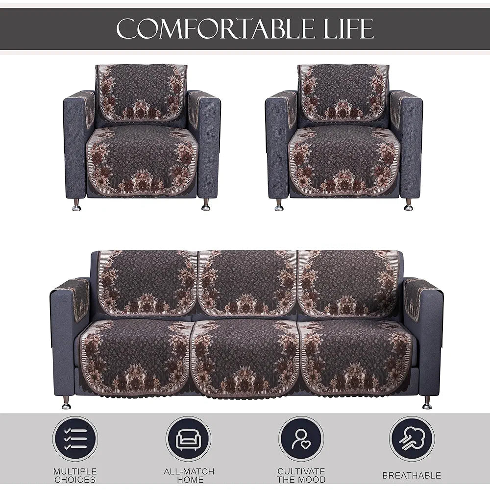 Kuber Industries Set of 16 Anti-Skid Sofa Cover 5-Seater with Arm Cover Floral Print Dark Olive Green