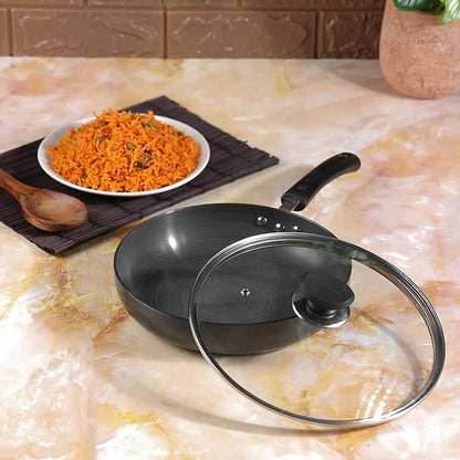 Vinod Black Pearl Plus Hard Anodised Deep Frypan with Glass Lid - 24 cm, 3.25 mm Thickness/Riveted Handle