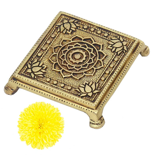 anciently Brass Pooja Chowki Square with Lotus Design | Sqaure Brass Chowki for Puja, Brass, Gold Colour, 1 Piece 