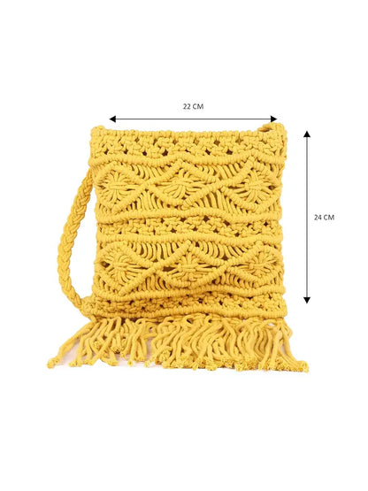Astrid Handmade Macrame Flap Over Sling Bag For Girls And Women Colour Yellow