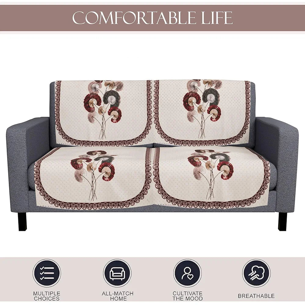 Kuber Industries Set of 4 Velvet 2 Seater Sofa Covers for Living Room Digital Flower-Cream & Brown
