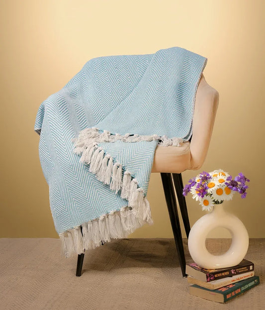 Sajavat Home Hand Knitted Pure Cotton 3 Seater Sofa Throw Colour Sky Blue