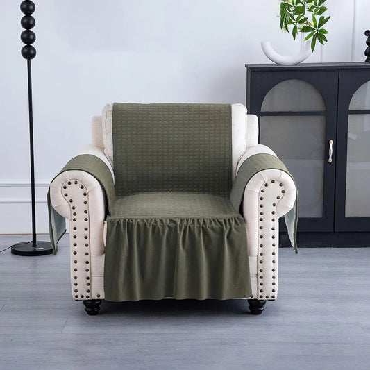 Kuber Industries Soft Velvet Quilted Single Seater Sofa Cover with Pocket Arms Frill Olive Green