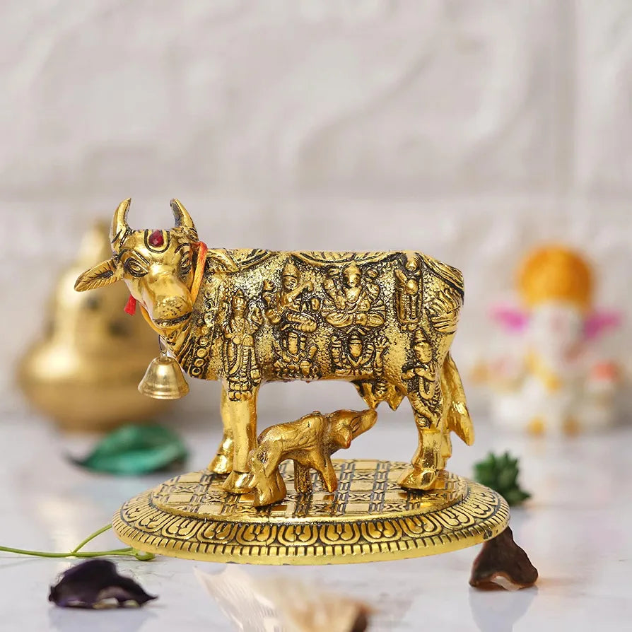 Chhariya Crafts Oxidized Metal Krishna With Religious Kamdhenu Cow With Calf Handmade Handicraft Gold