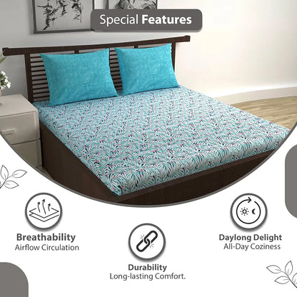 Divine Casa 144 TC 100% Cotton Double Bedsheet with 2 Pillow Covers Tropical Leaf Colour Light Blue Pink