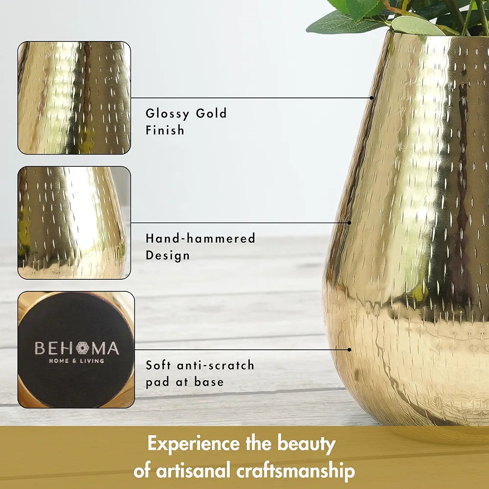 Behoma Drop Shape Metal Hammered Flower Vase 7.5 inches Golden 1 Pc Flowers not Included