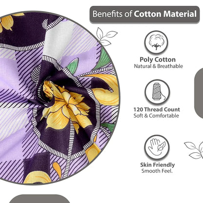 Divine Casa Double Size Bedsheet for Double Bed 144 TC Pure Cotton Queen Size with 2 Pillow Covers Floral Colour Royal Lilac