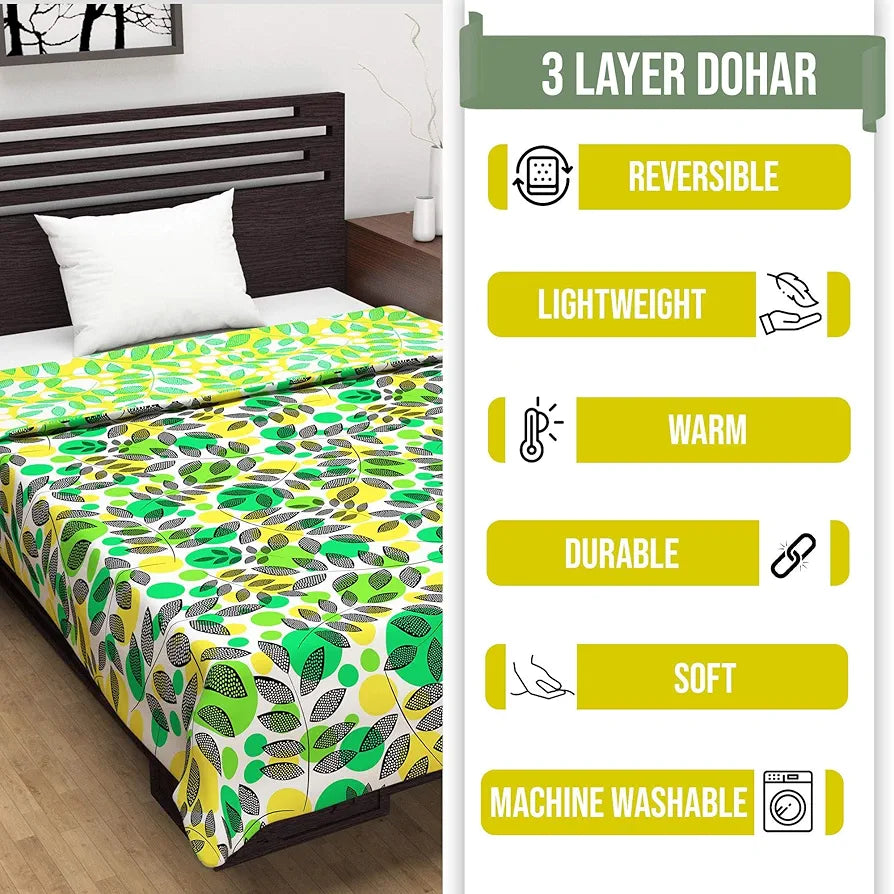 Divine Casa 120 GSM Microfiber Double Dohar Soft & Lightweight Throw Blanket Tropical Leaf Pattern Colour Green & Yellow