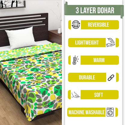 Divine Casa 120 GSM Microfiber Double Dohar Soft & Lightweight Throw Blanket Tropical Leaf Pattern Colour Green & Yellow