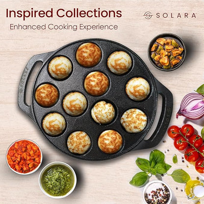 Solara Pre Seasoned Cast Iron Paniyaram Pan 12 Cavities 20 Cm Appam Patra, Paniyarakkal Pan | Cast Iron Cookware