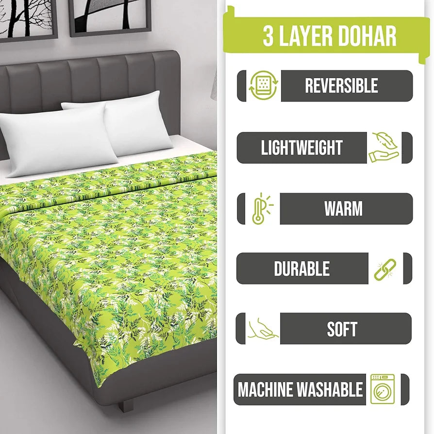 Divine Casa Floret 100% Cotton Double Dohar 120 GSM Soft & Lightweight Throw Blanket Colour Leaf Green