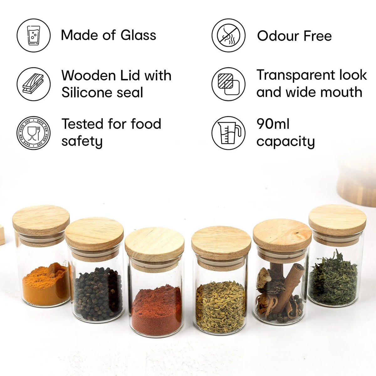 Anko Set of 6 Glass Spice Jars with Wooden Tray | 90ml | Airtight | Rubberwood Lid | Brown