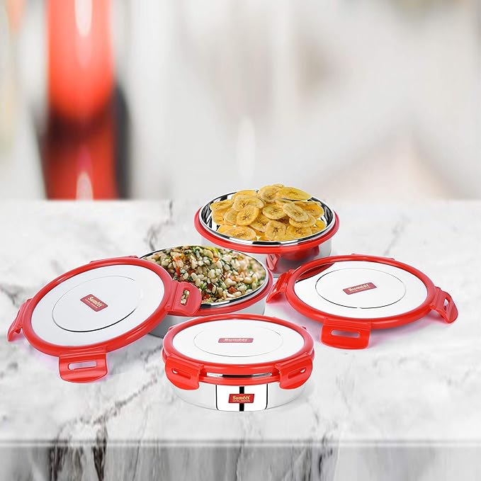 Sumeet Airtight & Leak Proof Steelexo S. S.Lunch Box Lid Size 600 ml Set of 3pc Red
