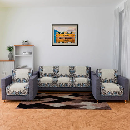 Kuber Industries 5-Seater Couch Cover Net Velvet Sofa Slip Cover Set Blue Gulab Border Crown Sofa Cover Cream