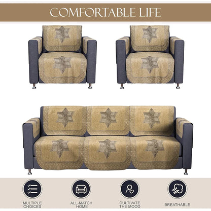 Kuber Industries Set of 16 Anti-Skid Sofa Cover 5-Seater with Arm Cover Star Print Cream & Brown