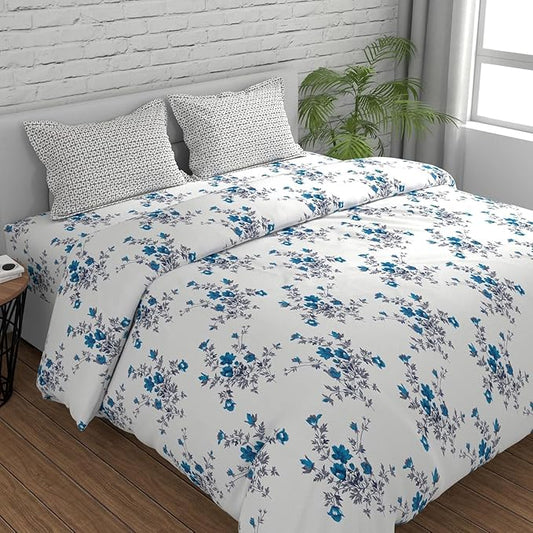 Huesland by Ahmedabad Cotton 144 TC Cotton Bedsheets for King Size Bed with 2 Pillow Covers | White, Cyan Blue & Grey