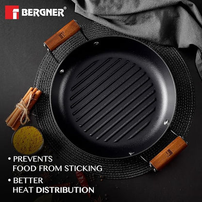 Bergner Odin 28 Cm Cast Iron Grill Plate, Round Grilled Plate With Wooden Coated Handle