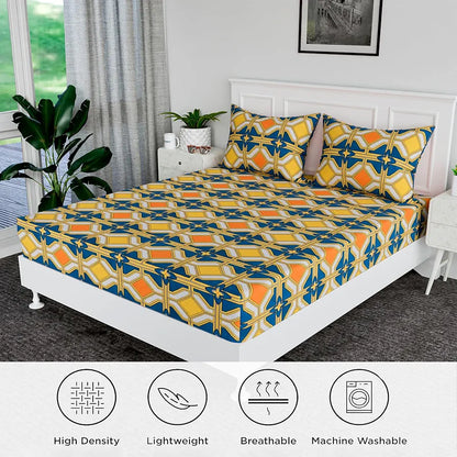 Kuber Industries Double Bedsheet Premium Cotton 120 TC Bedsheet with 2 Pillow Covers for Living Room and Bedroom Green & Orange