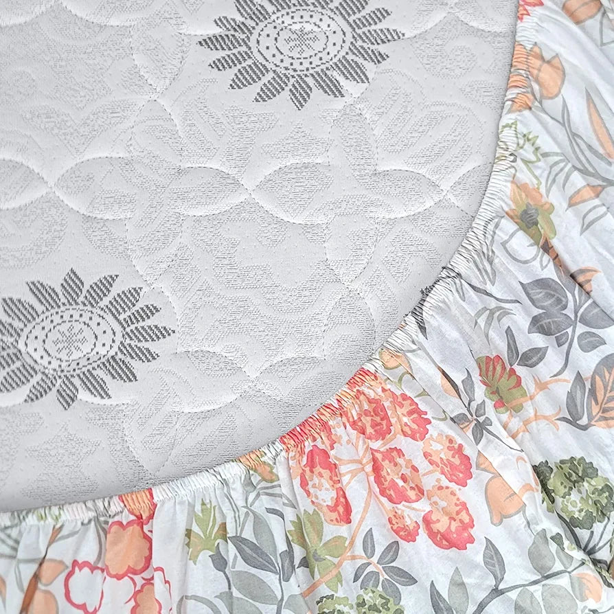Divine Casa 144 TC 100% Cotton Floral Print Peach Super Soft Elastic Fitted Bedsheets Single Bed Colour Peach amber