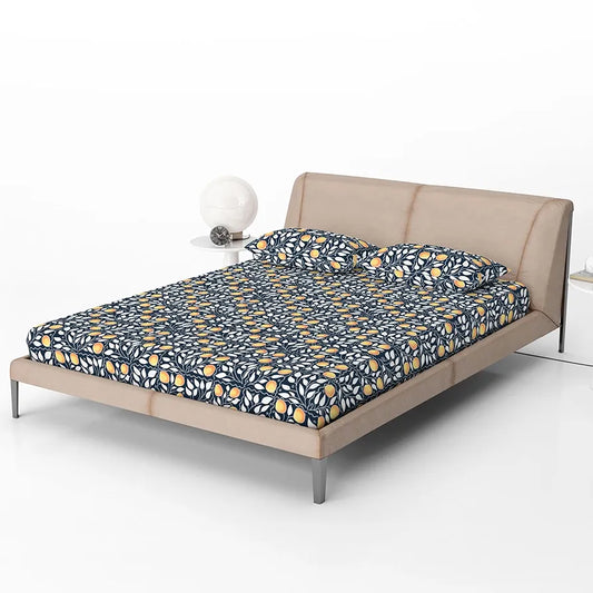 Divine Casa 144 TC 100% Cotton Deep Cobalt Floral King Size Elastic Fitted Bedsheet with 2 Pillow Covers Elegant Double Bed Set Colour Marlin